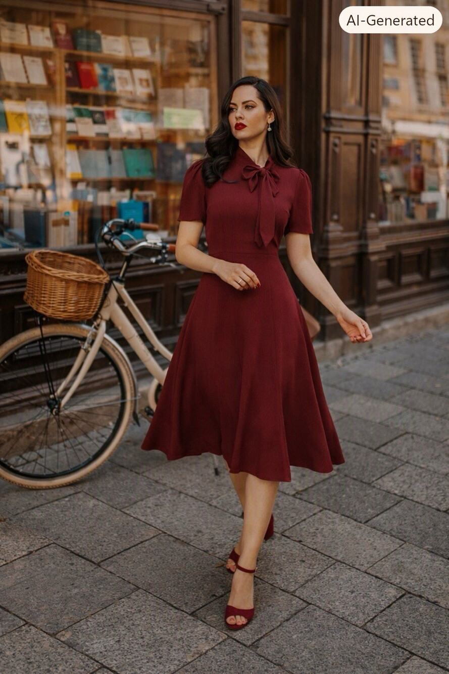 Burgundy 1940s Bow-Tie Neck Midi Dress, Retro Vintage Seamstress of Bloomsbury - Picture 2 of 10